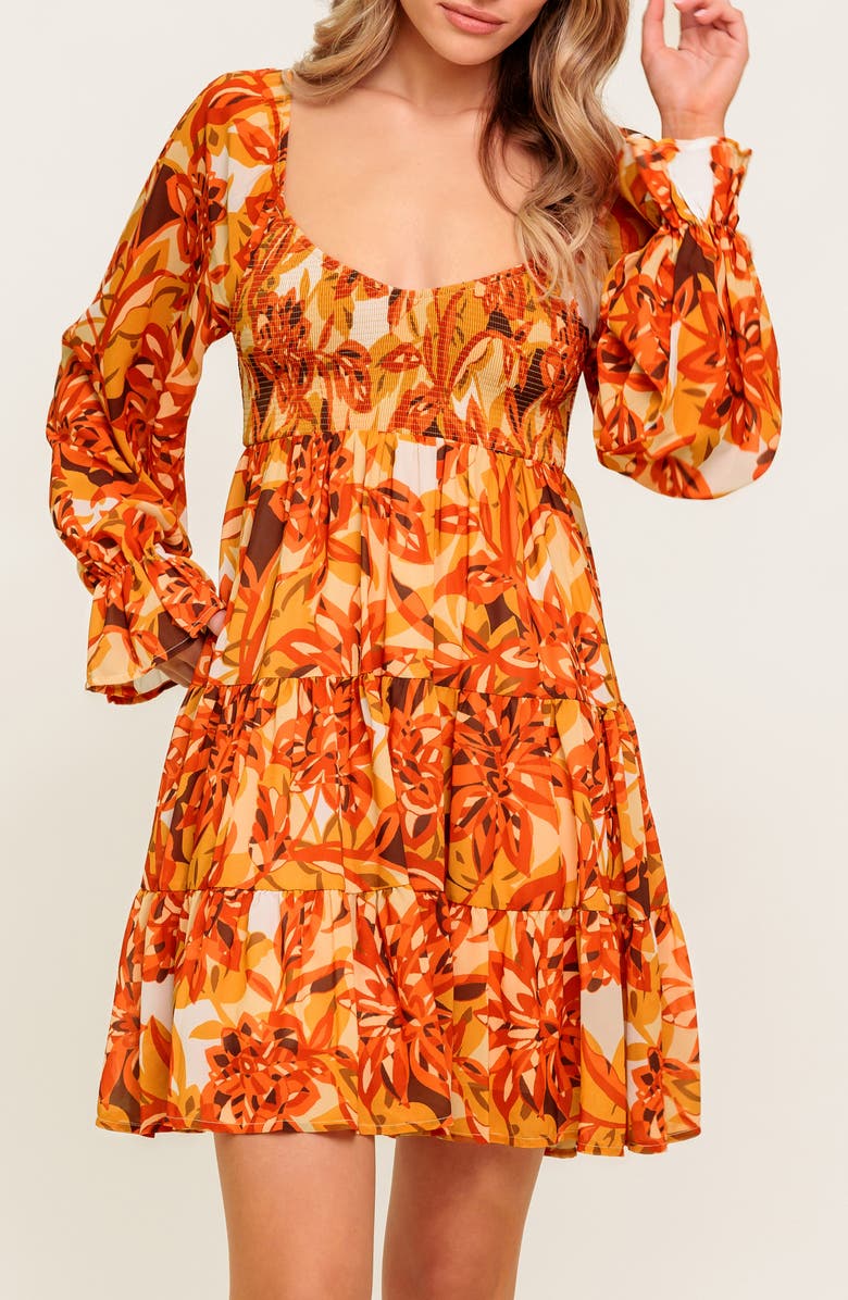 FLYING TOMATO Long Sleeve Babydoll Dress, Alternate, color, Rust