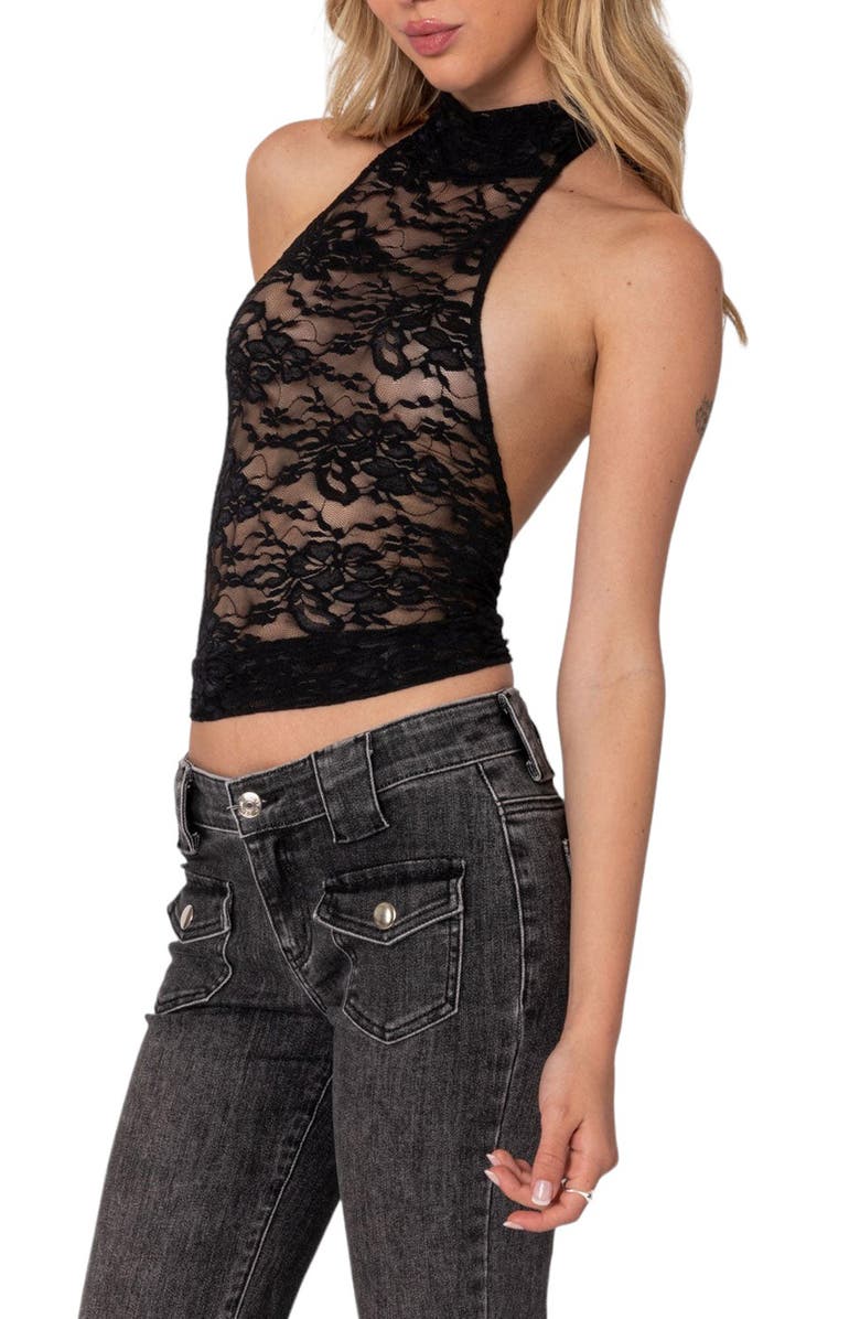 EDIKTED Alena Sheer Lace Halter Top, Alternate, color, Black