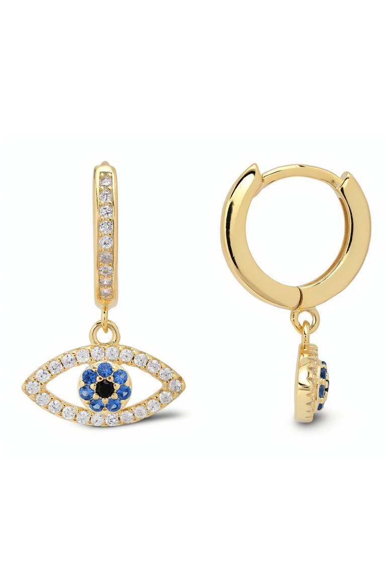 Sterling Silver Cubic Zirconia Evil Eye Huggie Hoop Earrings, Main, color, GOLD
