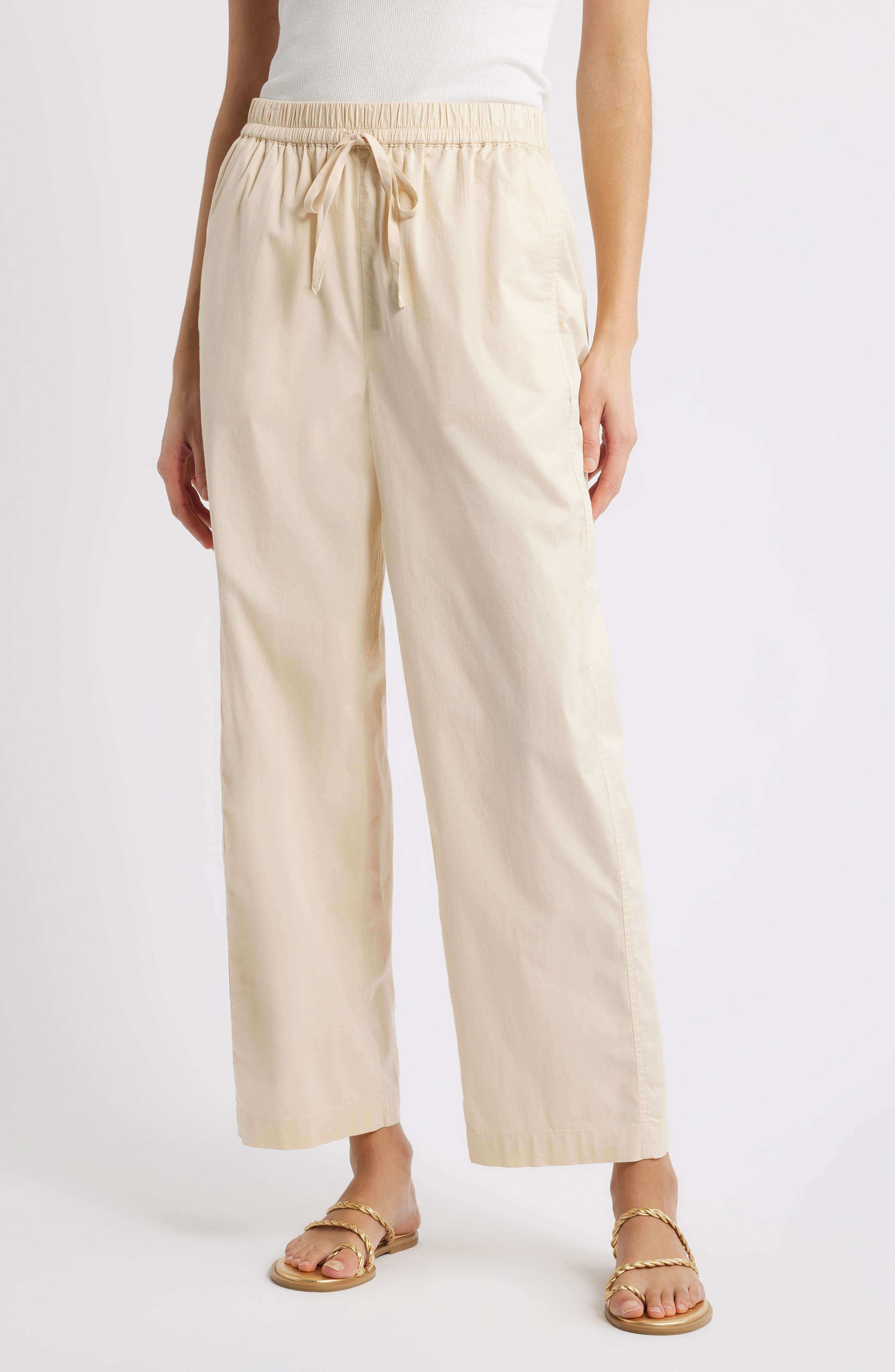 Stretch Cotton Drawstring Ankle Pants