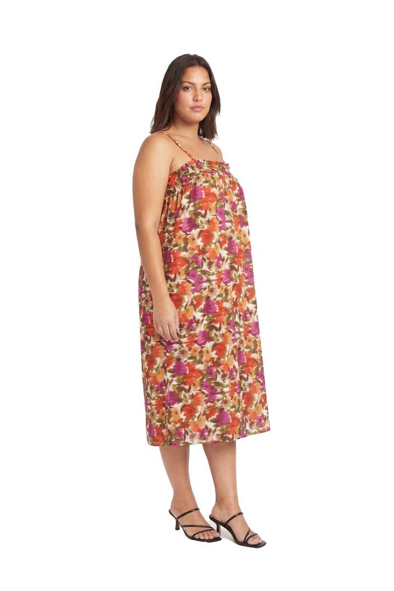 Curvy Essential Abstract Print Spaghetti Strap Smocked Pocket A-Line Maxi Dress, Alternate, color, Red Multi