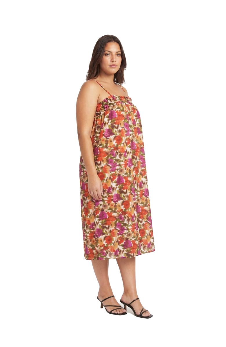 24seven Comfort Apparel Curvy Essential Abstract Print Spaghetti Strap Smocked Pocket A-Line Maxi Dress, Alternate, color, Red Multi