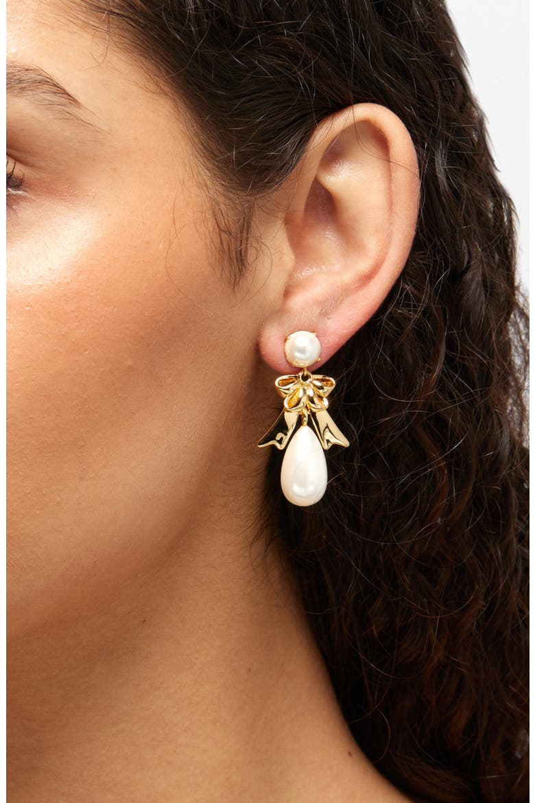 Faux Pearl Bow Drop Earrings, Alternate, color, PEARL