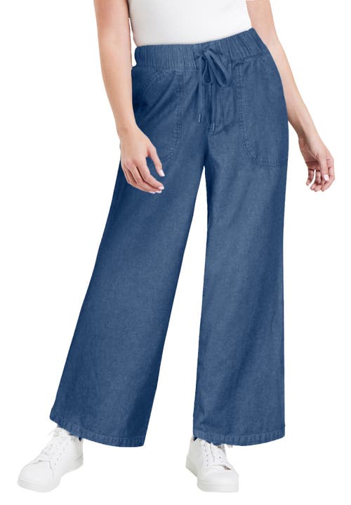 June + Vie Drawstring Denim Wide-leg Bottoms. In Blue