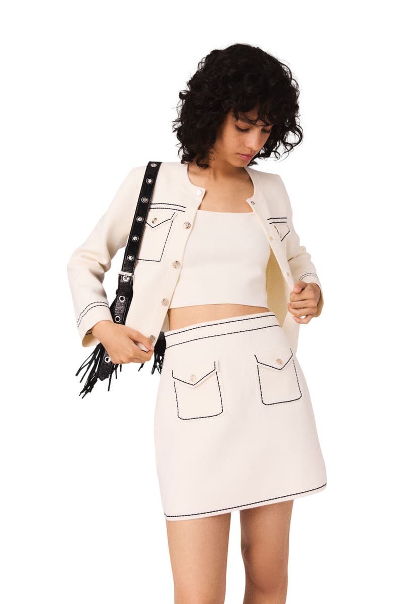 maje Mini topstitched knit skirt, Alternate, color, Ecru