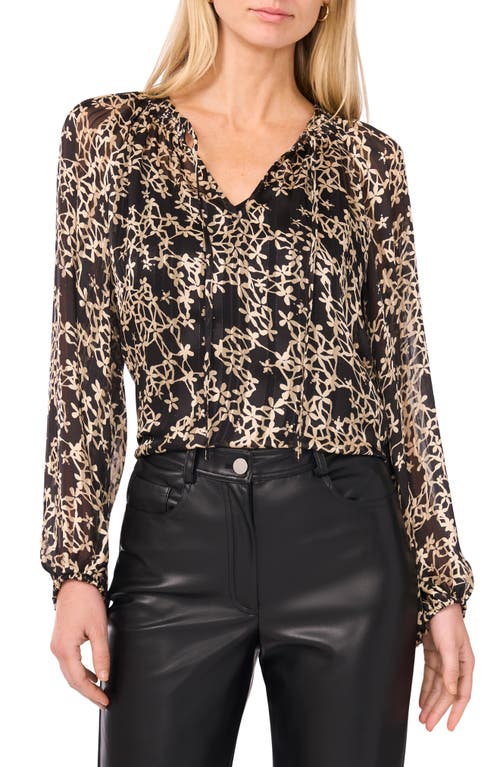 Vince Camuto Floral Metallic Stripe Satin Top In Black