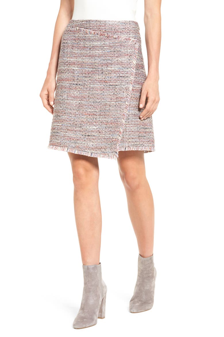 Fringe Tweed Faux Wrap Skirt, Main, color, IVORY MULTI PATTERN