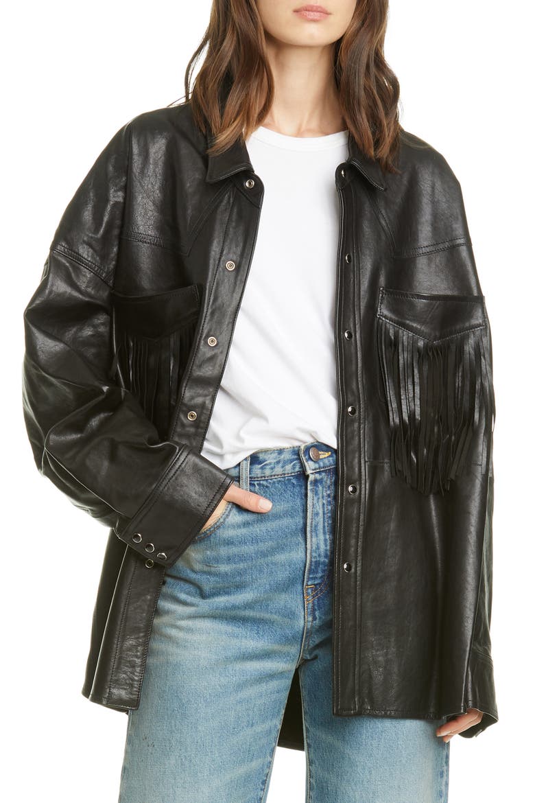 Fringe Pocket Leather Shirt Jacket, Main, color, BLACK