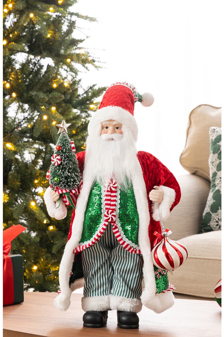 18"H Faux Fur Christmas Peppermint Santa Figurine, Alternate, color, Green