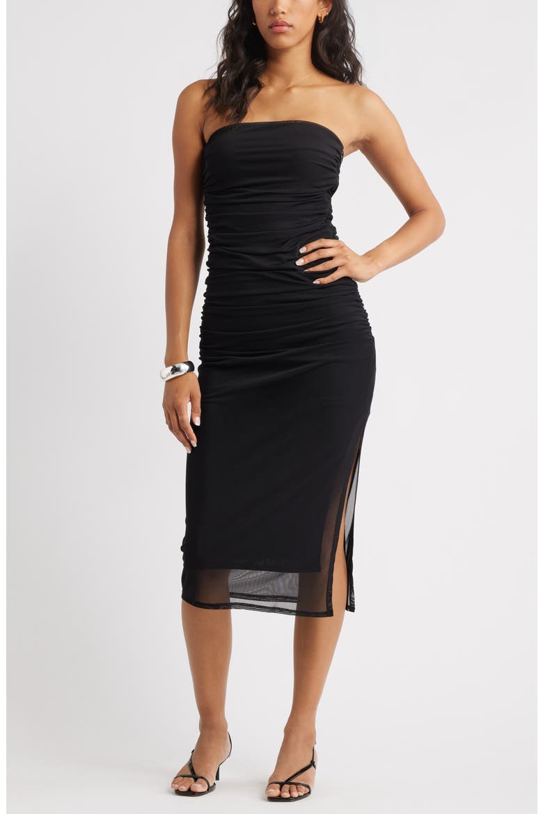 Ruched Strapless Mesh Dress, Main, color, BLACK
