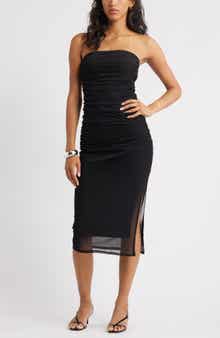 Open Edit Ruched Strapless Mesh Dress