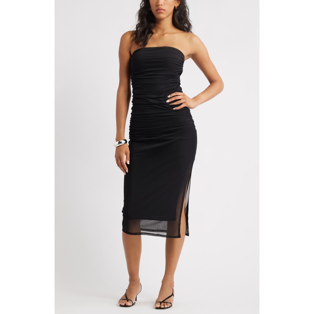 Open Edit Ruched Strapless Mesh Dress In Black