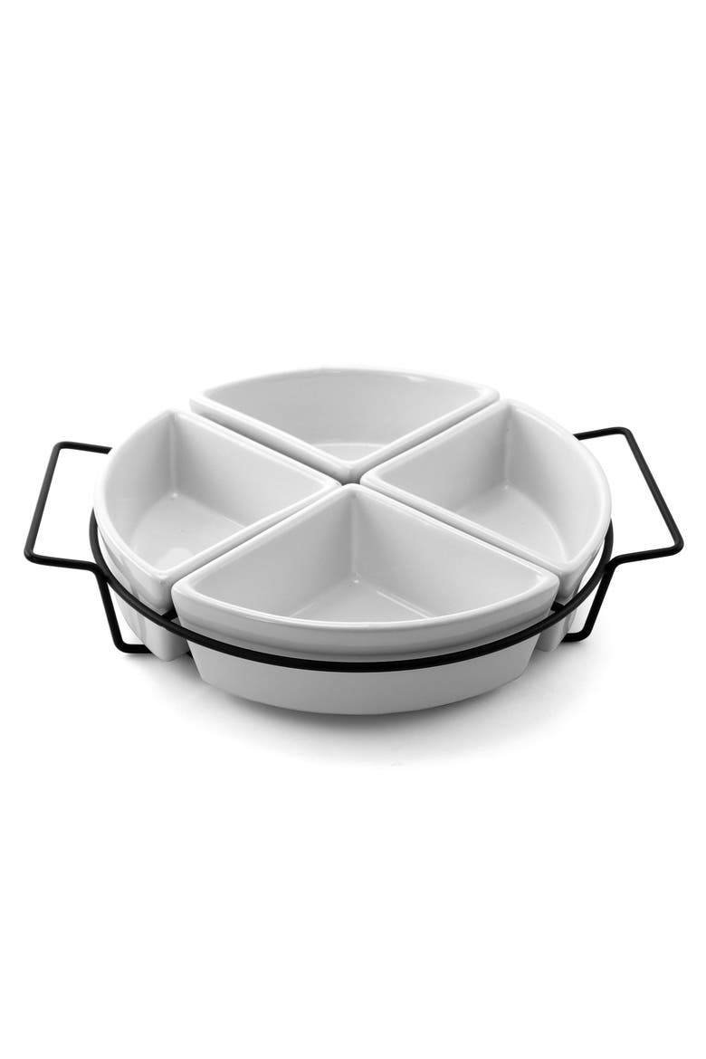 Gracious Fine Ceramic Dining Four Section Tray Set with Metal Rack, Main, color, White