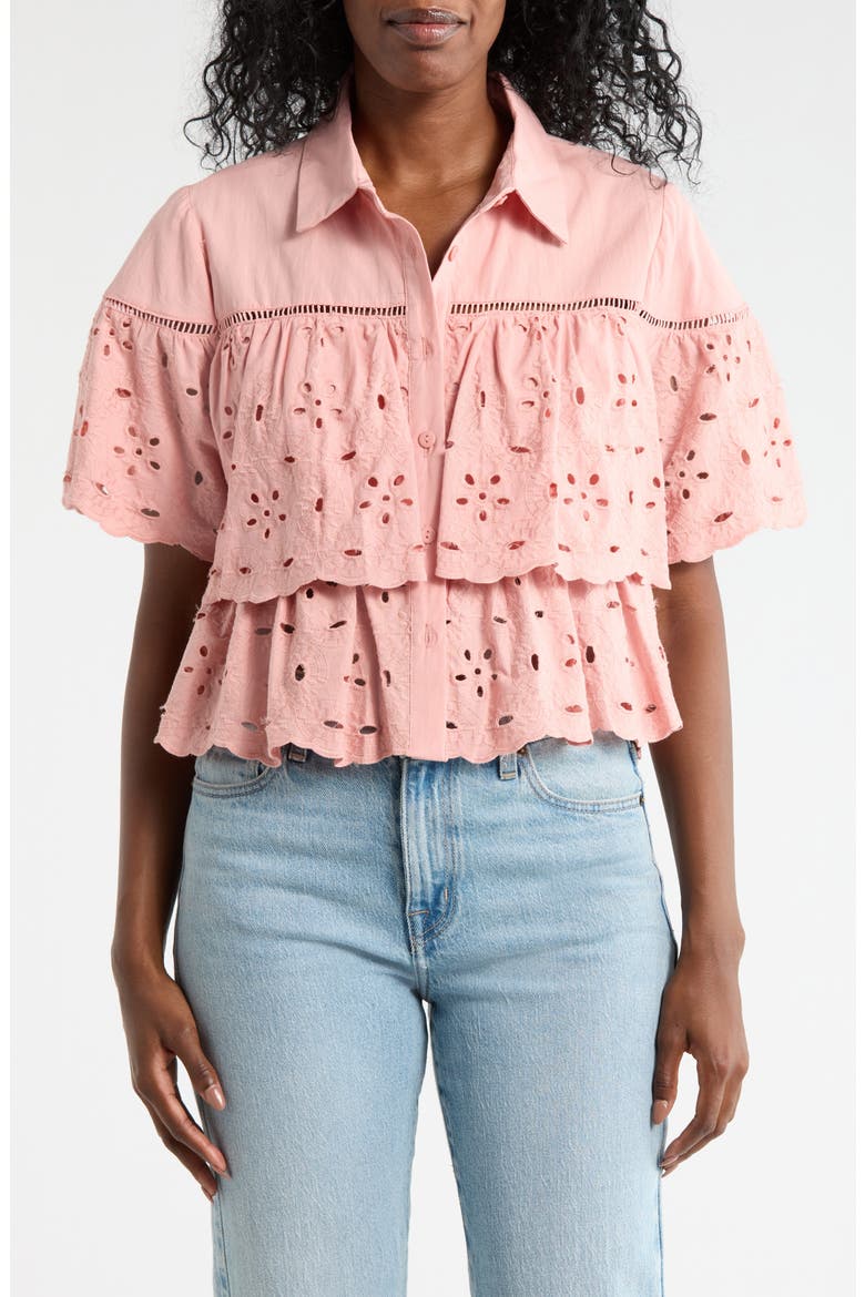 Cotton Eyelet Button-Up Shirt, Main, color, BLUSH