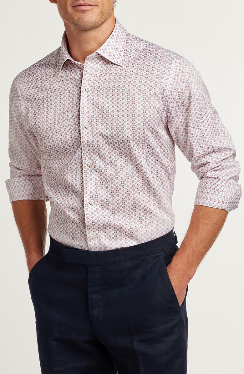 David Donahue Neat Floral Medallion Cotton Button-Up Shirt, Alternate, color, White/ Coral