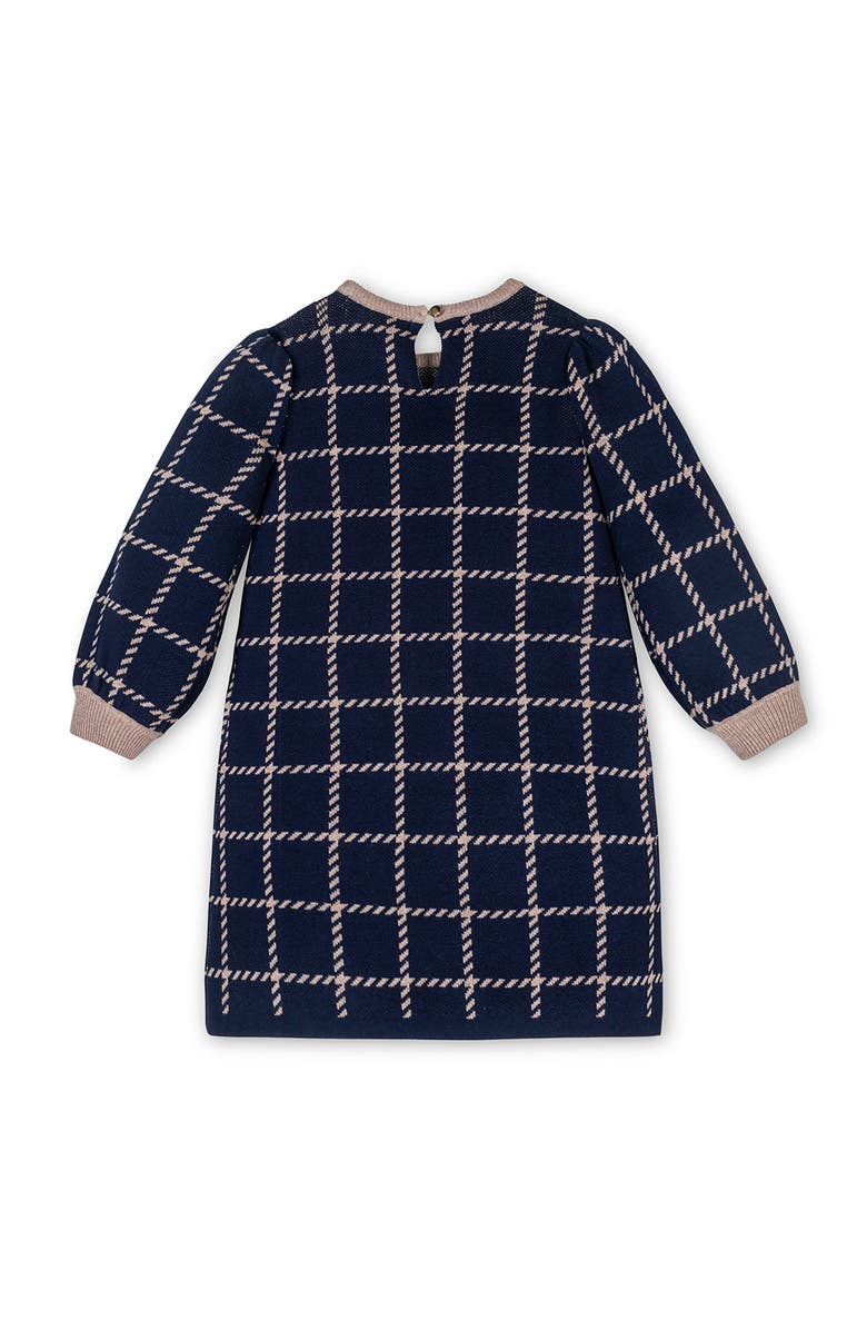 Hope & Henry Kids' Organic Puff Sleeve Bow Detail Intarsia Sweater Dress, Alternate, color, Navy And Taupe Windowpane