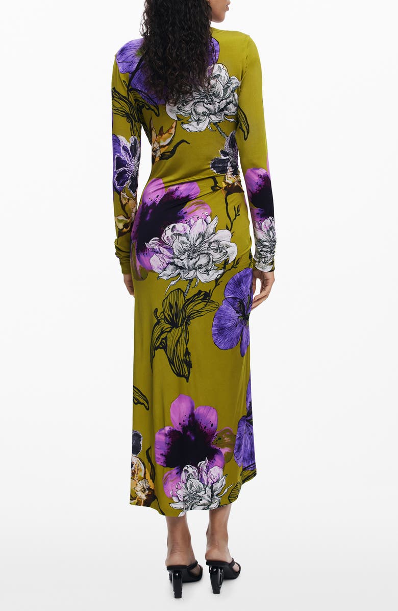 Desigual Floral Print Long Sleeve Midi Dress, Alternate, color, Olive Green