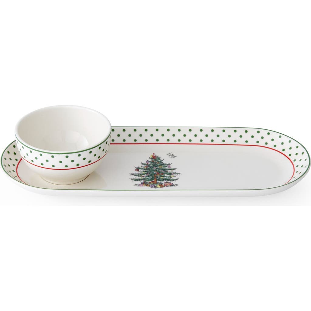 Spode Christmas Tree Polka Dot Oval Chip And Dip Set In Green
