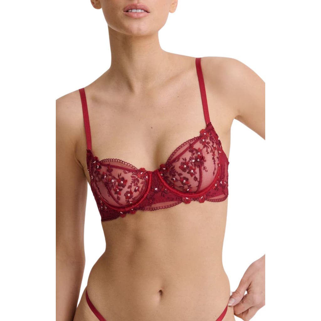 Kat The Label Sofia Embroidered Mesh Underwire Bra In Red