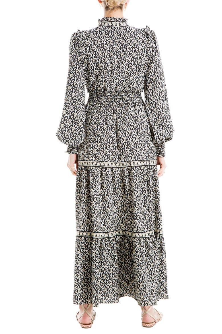Printed Tiered Smocked Waist Maxi Dress, Alternate, color, BLACK/ SKY DAINTY BUDS