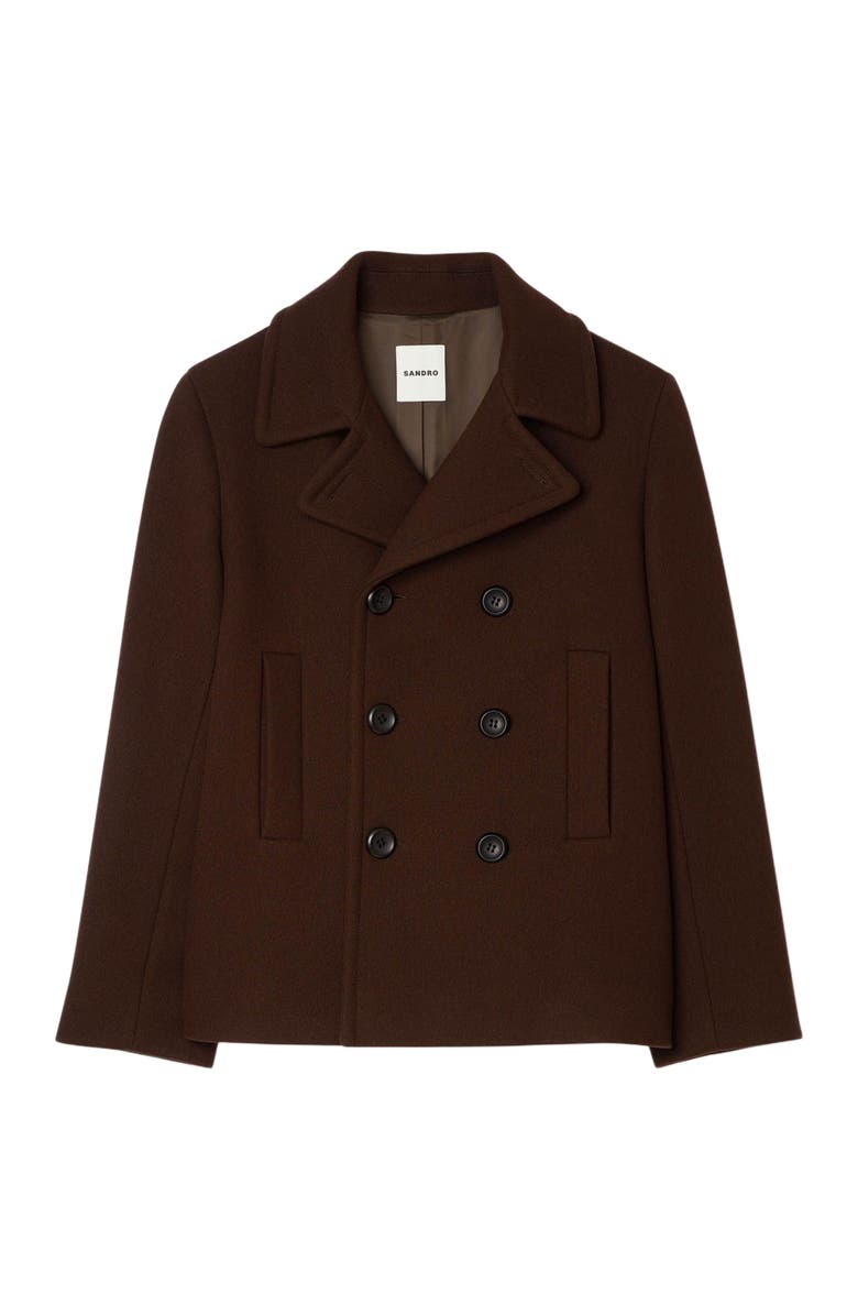 SANDRO Double-breasted wool pea coat, Alternate, color, Chocolate