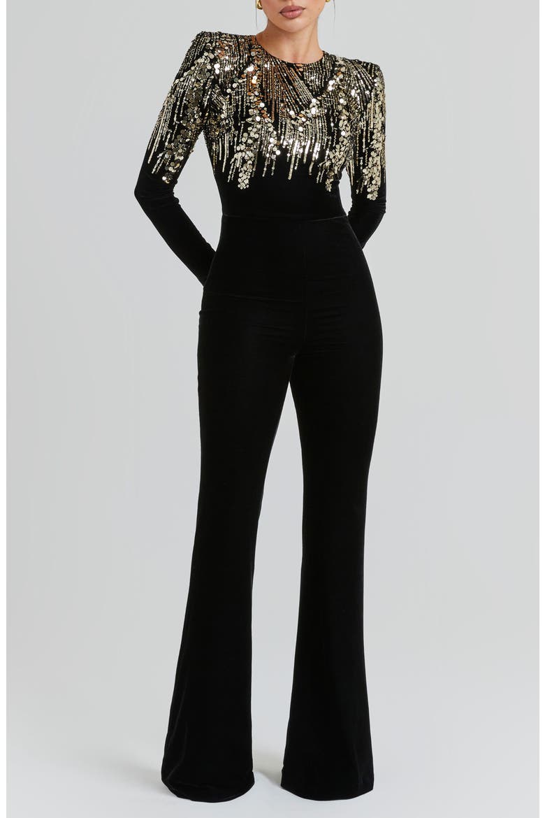 Katarina Sequin Long Sleeve Velvet Jumpsuit, Main, color, BLACK