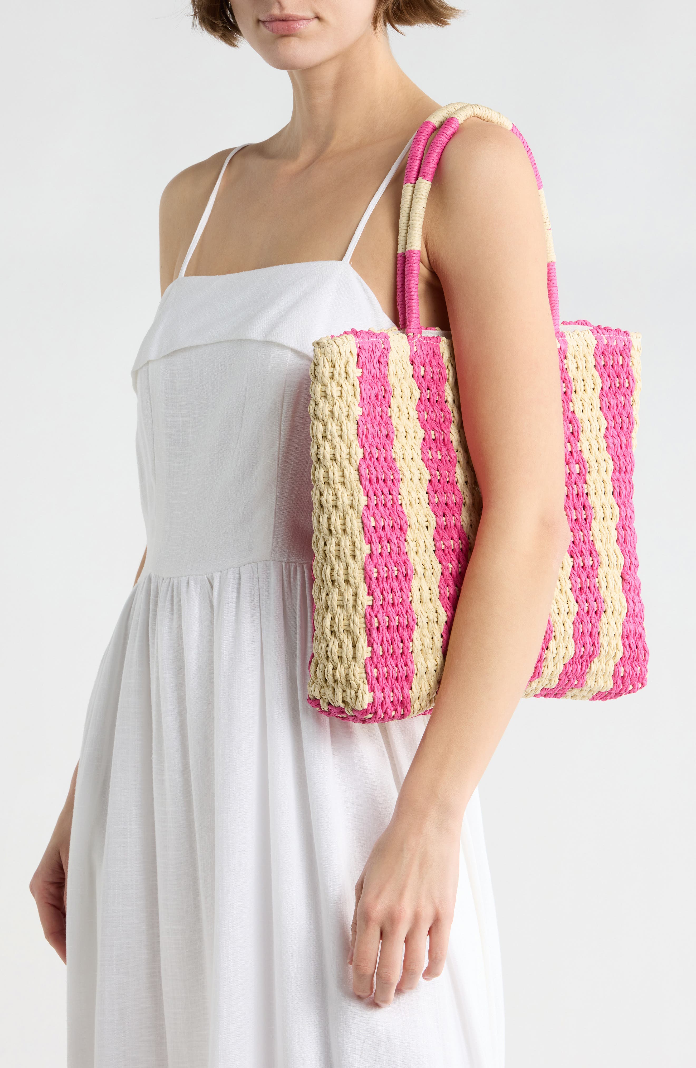 ALESSIA BIANCHI North/South Straw Tote, Alternate, color, Natural/ Pink