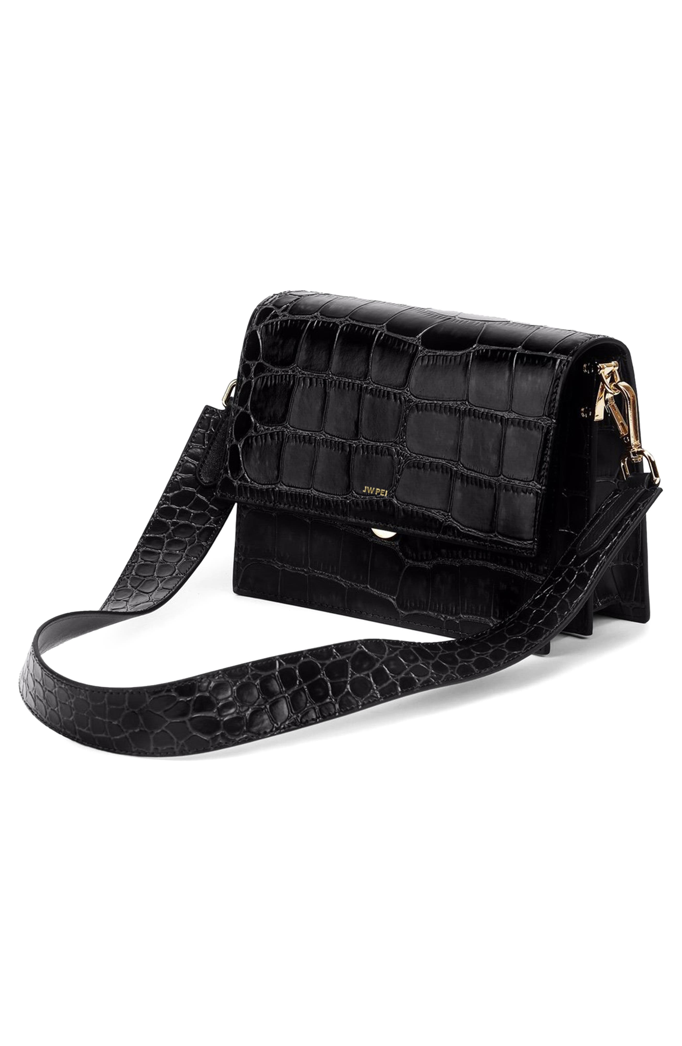 JW PEI Mini Flap Croc Embossed Faux Leather Shoulder Bag, Alternate, color, Black Croc