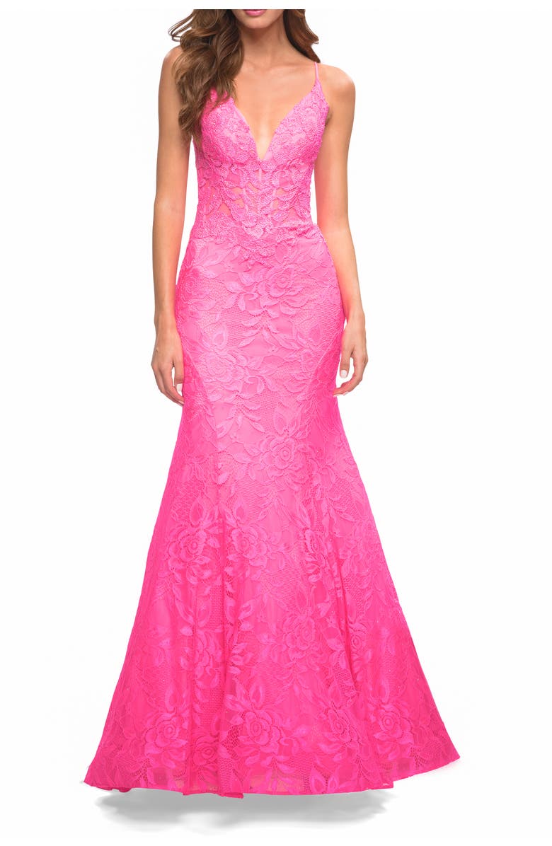 La Femme Neon Pink Mermaid Lace Prom Dress with Sheer Jeweled Bodice, Alternate, color, Neon Pink