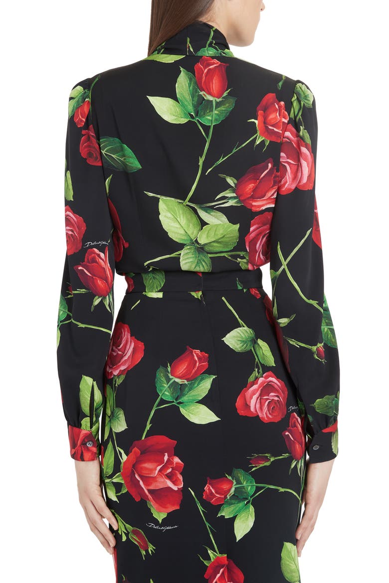 Rose Print Tie Neck Blouse, Alternate, color, ROSE BLACK