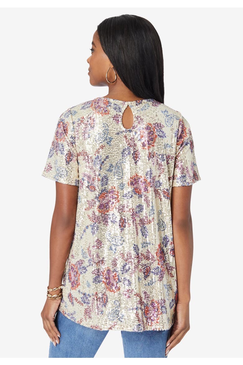 Plus Size Sequin Swing Tee, Alternate, color, OATMEAL FLORAL