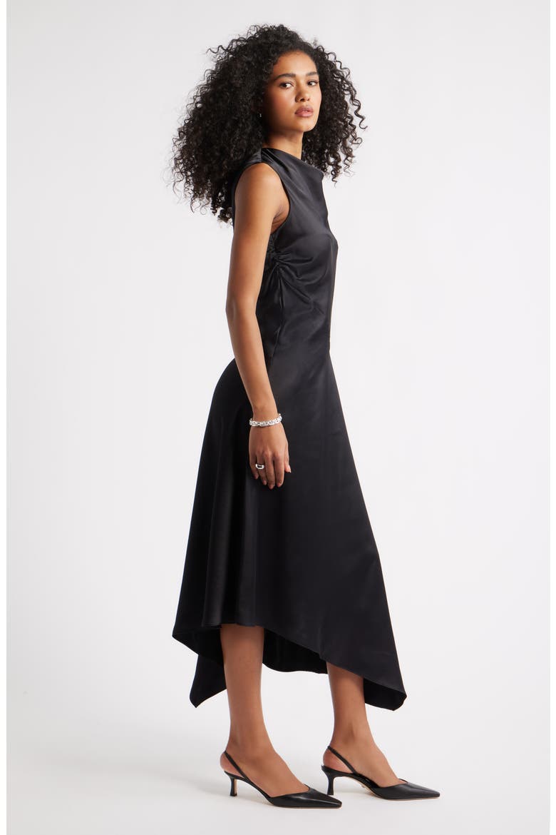 Cowl Neck Asymmetric Satin Midi Dress, Alternate, color, BLACK