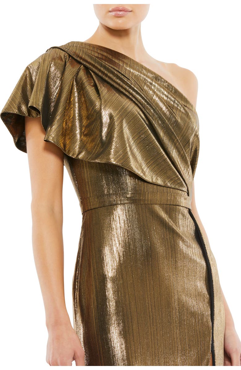 Mac Duggal Ruffled One Shoulder Metallic Evening Gown, Alternate, color, Bronze