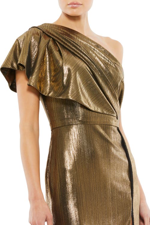 Mac Duggal Ruffled One Shoulder Metallic Evening Gown In Bronze