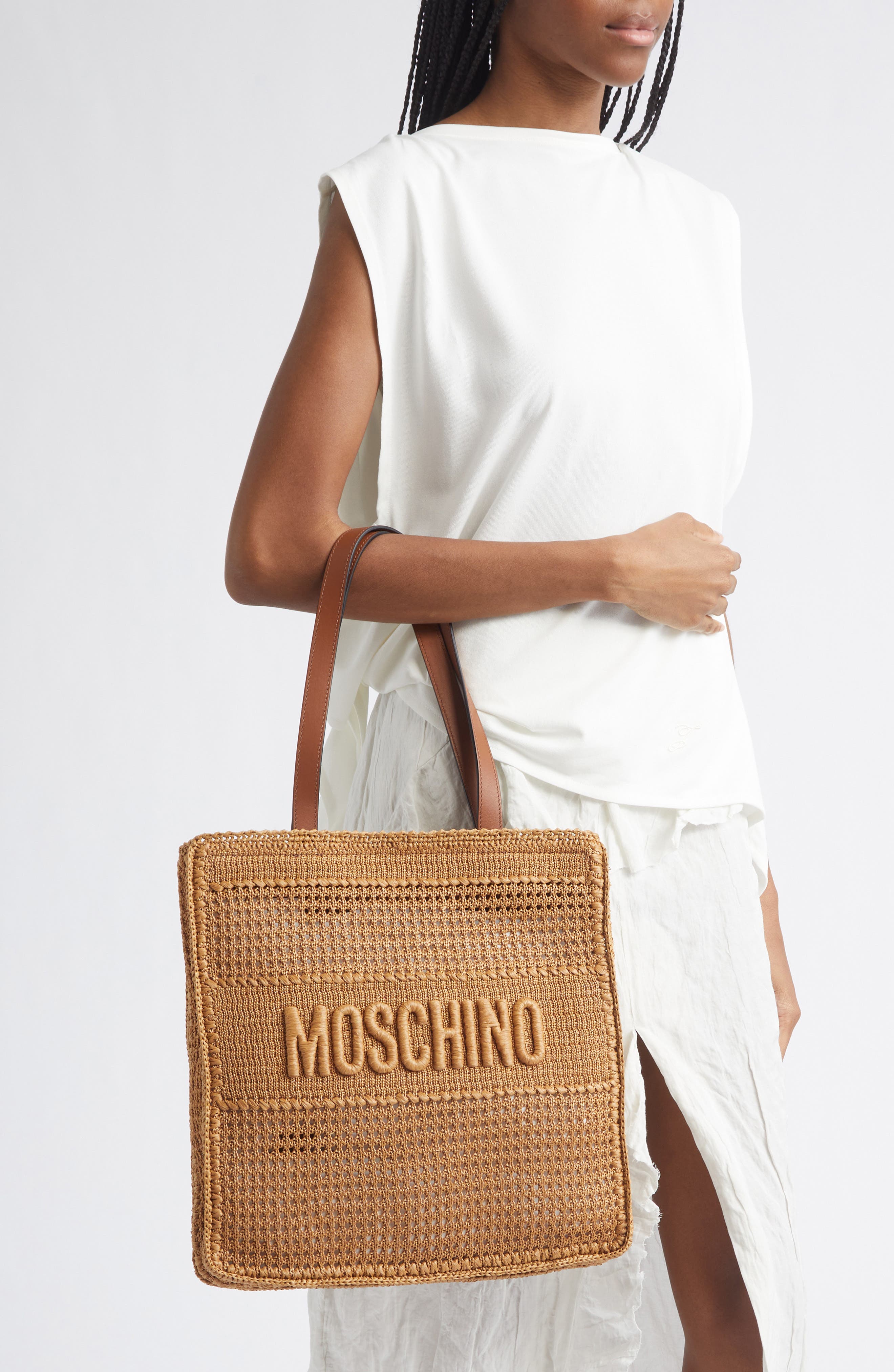 Moschino Logo Woven Shopper Tote, Alternate, color, Hide