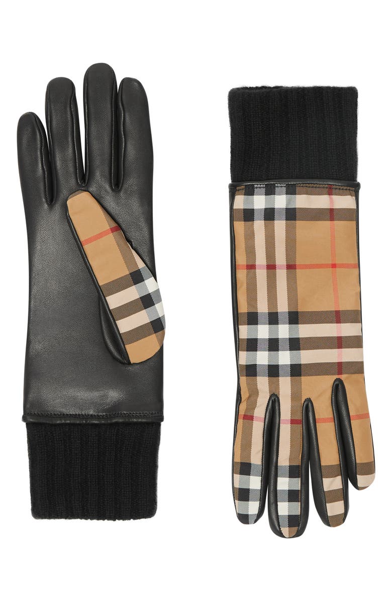 Burberry Cashmere Lined Vintage Check & Leather Gloves, Main, color, 