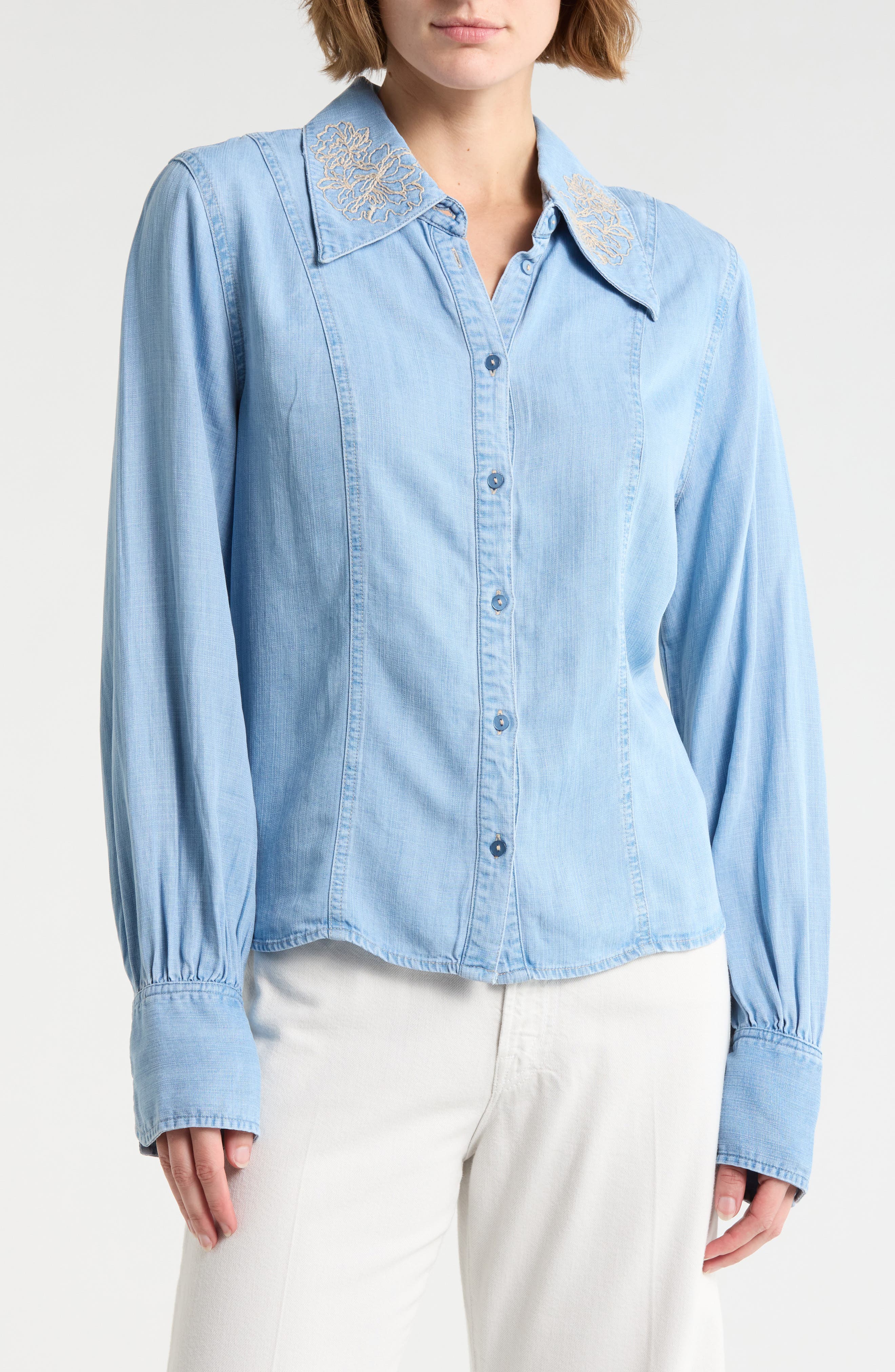 Democracy Embroidered Chambray Button-Up Shirt