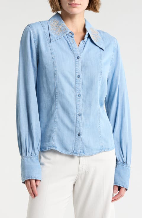 Embroidered Chambray Button-Up Shirt