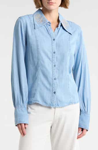 Democracy Embroidered Chambray Button-Up Shirt