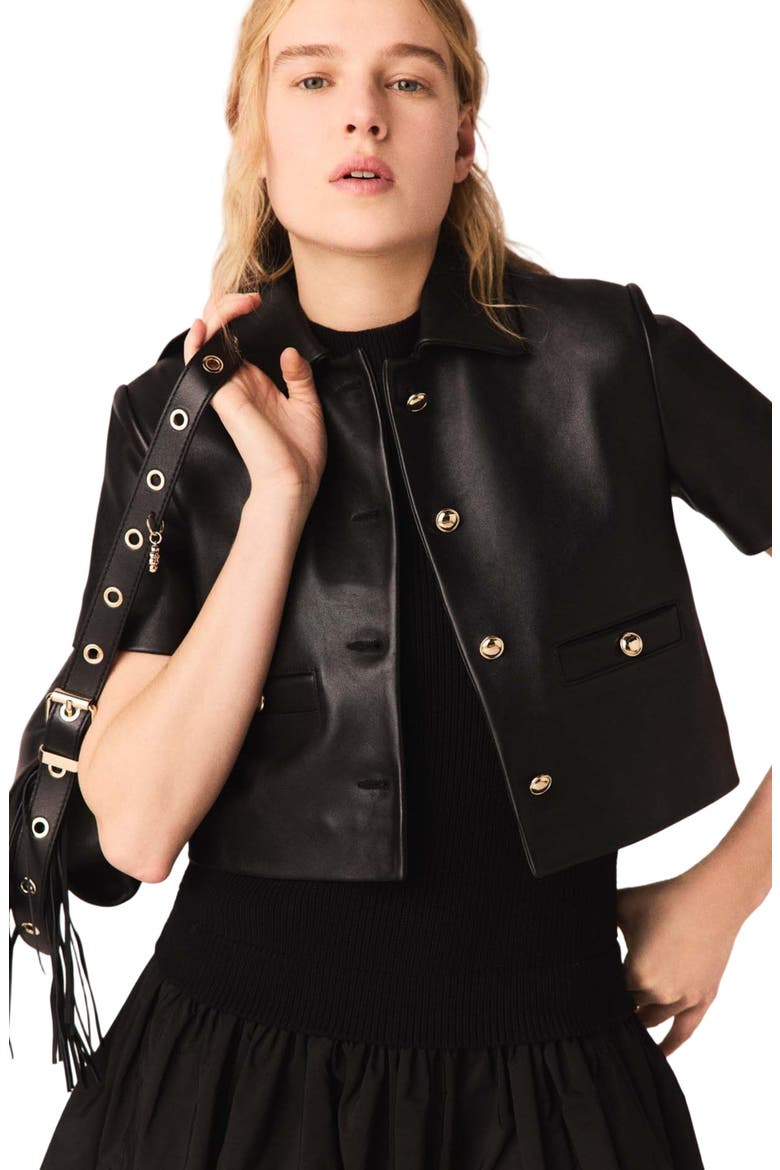 Cropped leather jacket, Alternate, color, Black