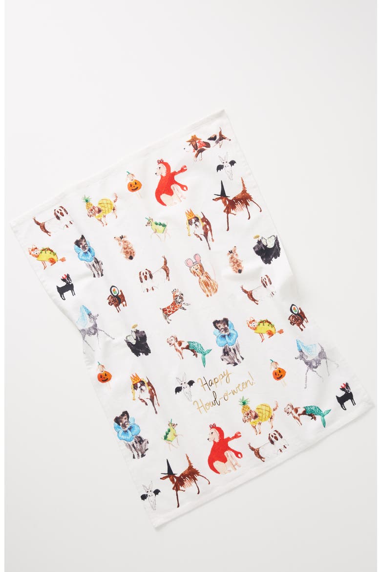 Anthropologie x Pauline de Roussy de Sales Happy Howl-o-ween Dishtowel, Main, color, WHITE MULTI