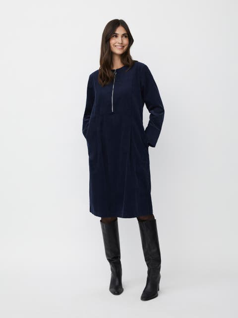 Long Sleeve Crew Neck Zip Midi Dress