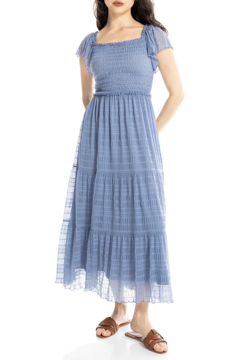 Flutter Sleeve Smocked Mesh Midi Dress, Alternate, color, CHAMBRAY CHAMBRAY