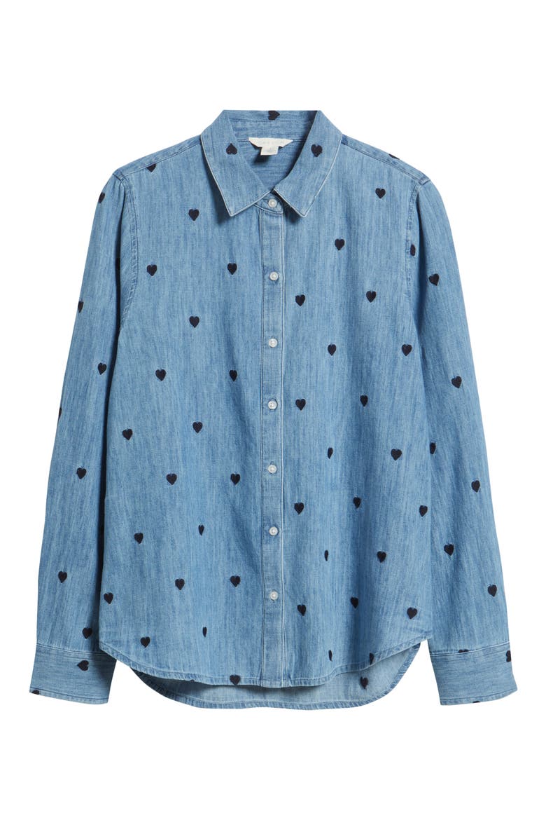Heart Embroidered Cotton Chambray Button-Up Shirt, Alternate, color, CHAMBRAY- NAVY HEART