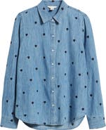 Caslon® Heart Embroidered Cotton Chambray Button-Up Shirt