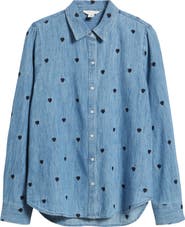 Caslon® Heart Embroidered Cotton Chambray Button-Up Shirt
