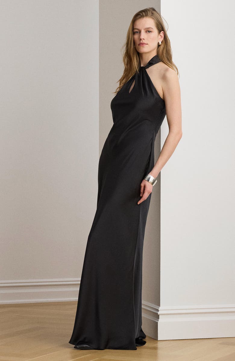 Lauren Ralph Lauren Satin Keyhole Halter Neck Gown, Alternate, color, Black