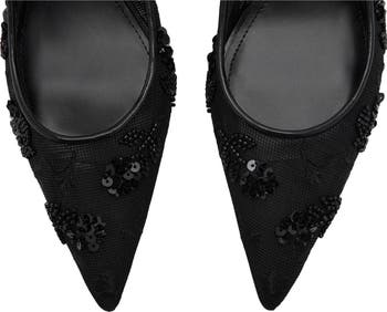 Kitten Heel Floral Embellished Mesh Slingback Pump