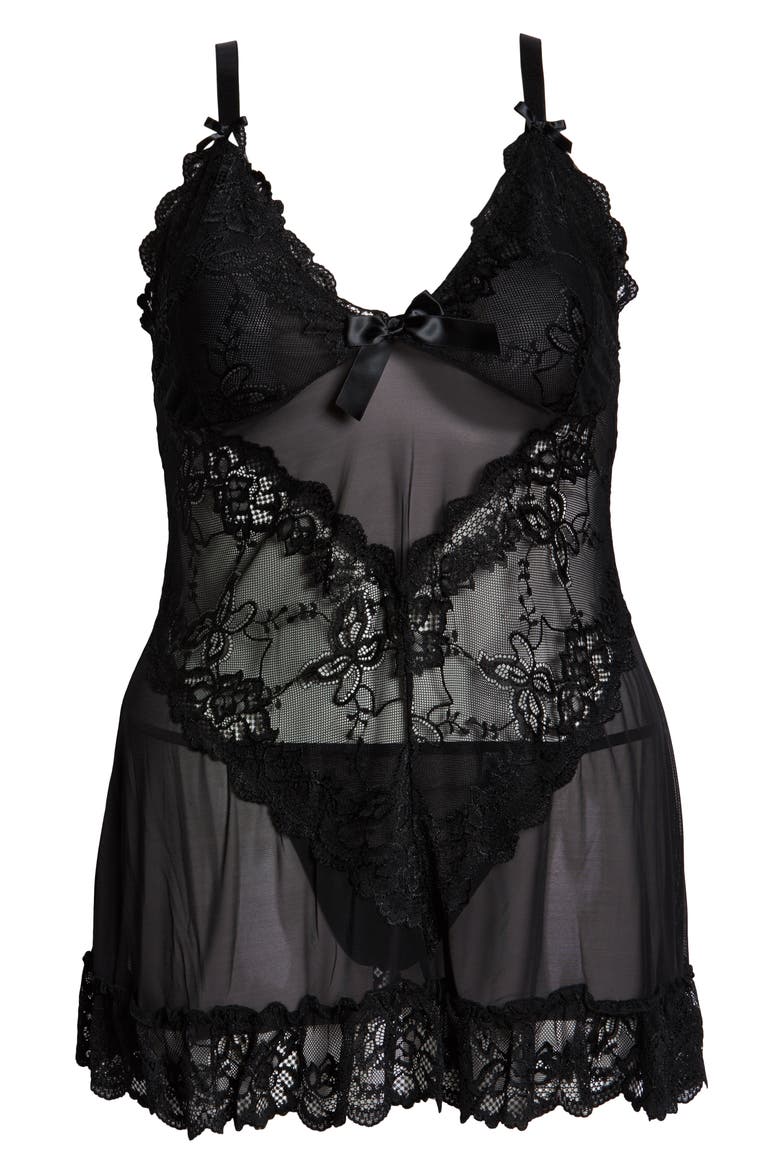 Valentine Soft Cup Babydoll Chemise & G-String Thong, Alternate, color, BLACK