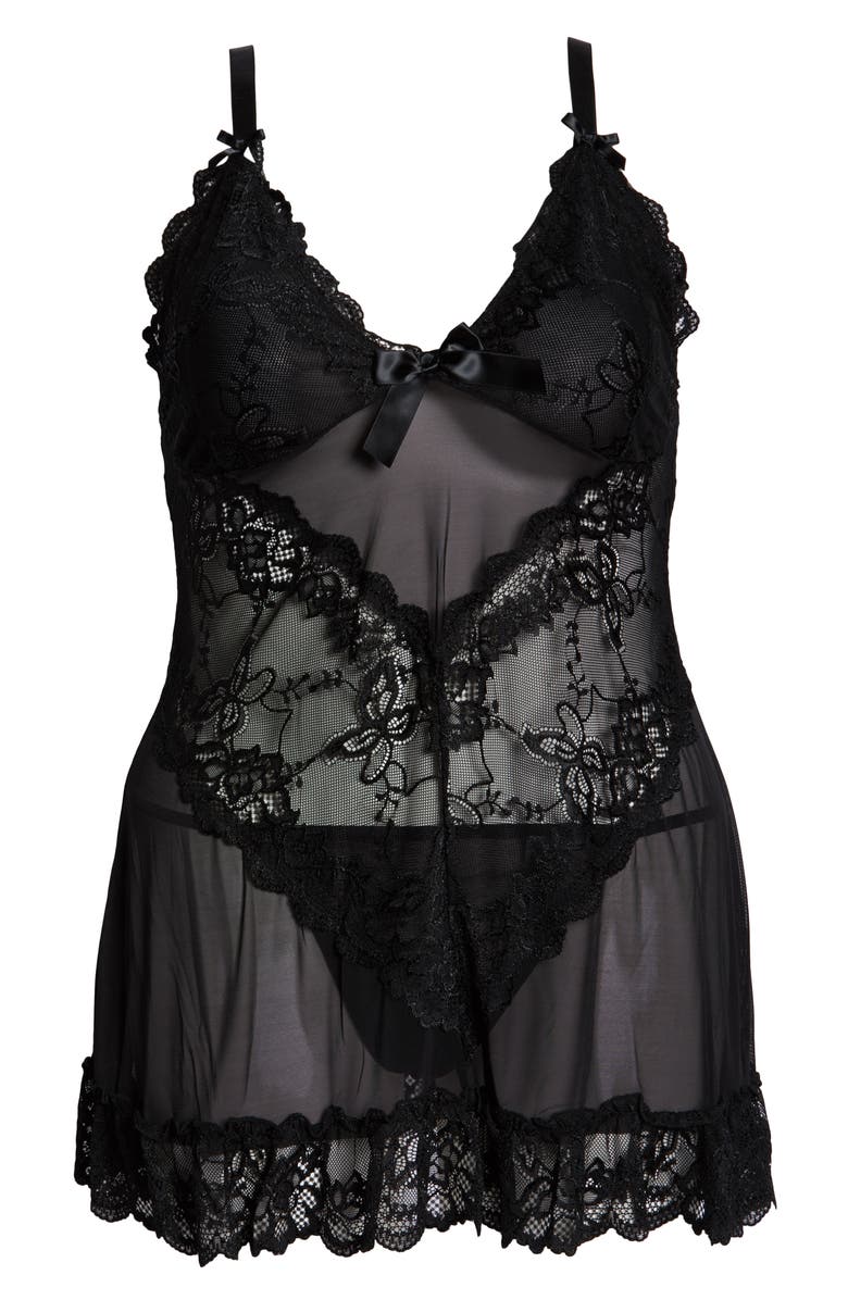 Oh La La Cheri Valentine Soft Cup Babydoll Chemise & G-String Thong, Alternate, color, Black